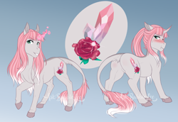 Size: 2935x2016 | Tagged: safe, artist:askbubblelee, oc, oc only, oc:rosie quartz, pony, unicorn, blushing, curved horn, digital art, female, glowing horn, gradient background, horn, leonine tail, mare, reference sheet, solo