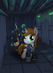 Size: 1285x1755 | Tagged: safe, artist:cazra, oc, oc:littlepip, pony, unicorn, fallout equestria, clothes, fanfic, fanfic art, female, glowing horn, gun, handgun, hooves, horn, levitation, little macintosh, magic, mare, optical sight, pipbuck, revolver, scope, smiling, solo, stable, telekinesis, vault suit, weapon