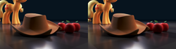 Size: 3840x1080 | Tagged: safe, artist:zgcbrony, applejack, earth pony, pony, 3d, apple, applejack's hat, blender, blender cycles, cowboy hat, food, hat, solo, stereoscopy, wall eye stereogram