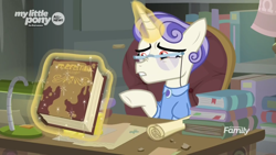 Size: 1366x768 | Tagged: safe, screencap, first folio, pony, the point of no return, book, chair, desk, disgusted, glasses, levitation, magic, magic aura, messy, scroll, sitting, stain, telekinesis, written equestrian