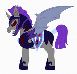 Size: 1967x1878 | Tagged: safe, artist:chili19, oc, oc only, alicorn, bat pony, bat pony alicorn, pony, armor, bat pony oc, fangs, glowing eyes, gritted teeth, helmet, night guard, red eyes, saddle, sharp teeth, simple background, solo, tack, tail wrap, teeth, white background