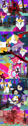 Size: 1154x5193 | Tagged: safe, alternate version, artist:christhes, derpibooru import, pinkie pie, prince blueblood, rarity, earth pony, pony, unicorn, collaboration, comic:friendship is dragons, alicorn amulet, alternate eye color, angry, blast, burnt, clothes, comic, crossover, dress, evil grin, eyes closed, female, fight, flower, flower in mouth, frown, gala dress, garrett, glowing horn, grin, hat, horn, injured, jewelry, jumping, looking back, looking up, magic, magic beam, magic blast, male, mare, mouth hold, ninja, ponified, rose, rose in mouth, show accurate, smiling, stallion, thief (video game), tiara, unshorn fetlocks, worried