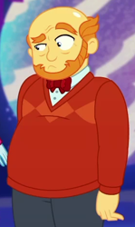 Size: 280x470 | Tagged: safe, screencap, equestria girls, equestria girls series, twilight under the stars, spoiler:eqg series (season 2), background human, bald, beard, bowtie, clothes, cropped, facial hair, male, male pattern baldness, solo, sweater, thick coat