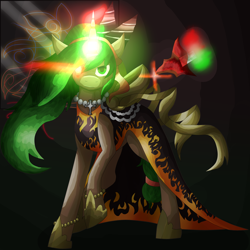 Size: 5800x5800 | Tagged: safe, artist:florarena-kitasatina/dragonborne fox, pony, unicorn, absurd resolution, alternate hairstyle, anna (epic battle fantasy), arrow, changing magic color, clothes, crossover, crystal arrow (projectile), dat mane tho, dress, drills, epic battle fantasy, fire pattern, glowing eyes, glowing horn, head tilt, horn, horseshoes, jewelry, looking at you, materializing, may or may not kick your ass, necklace, ponified, ribbon, shading, shadow, signature, simple background, solo, the fourth wall cannot save you, watermark, what a lovely pony to meet in the middle of the night