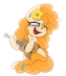 Size: 1953x2232 | Tagged: safe, artist:nekro-led, pear butter, earth pony, pony, blurry background, cute, flower, flower in hair, guitar, musical instrument, open mouth, shading, simple background, sitting, white background