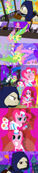 Size: 1154x5193 | Tagged: safe, alternate version, artist:christhes, derpibooru import, fluttershy, pinkie pie, earth pony, pegasus, pony, rabbit, collaboration, comic:friendship is dragons, animal, cloak, clothes, comic, crossbow, crossover, dress, eyes closed, falling, female, flying, gala dress, garrett, grin, hat, looking down, male, mare, night, onomatopoeia, ponified, show accurate, smiling, stallion, starry eyes, stars, wingding eyes