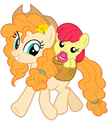 Size: 2800x3200 | Tagged: safe, artist:cheezedoodle96, apple bloom, pear butter, earth pony, pony, going to seed, .svg available, adorabloom, baby, baby apple bloom, baby pony, basket, bright mac's hat, buttercup, cowboy hat, cute, female, flower, flower in hair, foal, hat, mare, mother and child, mother and daughter, parent and child, pearabetes, simple background, smiling, svg, transparent background, vector, walking, younger