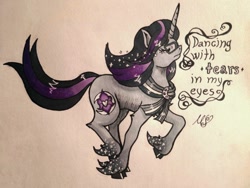 Size: 1032x774 | Tagged: safe, artist:mesuyoru, oc, oc only, oc:moonlight orchid, pony, unicorn, crying, dancing, elegant, eyes closed, gray coat, horn, ponysona, purple streak, sad, song reference, sparkles, teary eyes, traditional art, unshorn fetlocks, vent art