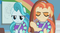 Size: 1366x766 | Tagged: safe, screencap, lighthoof, shimmy shake, earth pony, pony, 2 4 6 greaaat, angry, cheerleader, cheerleader outfit, clothes, duo, eyes closed, eyeshadow, female, gym, makeup, mare, pleated skirt, rainbow, raised hoof, skirt, upset