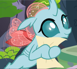 Size: 1043x940 | Tagged: safe, screencap, ocellus, uprooted, cropped, cute, diaocelles, flying, holding, paper, smiling, solo