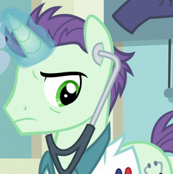 Size: 916x919 | Tagged: safe, screencap, dr steth, pony, unicorn, on your marks, background pony, cropped, doctor, glowing horn, looking down, male, solo, stallion, stethoscope, unnamed pony