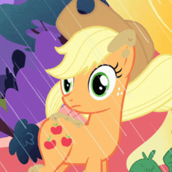 Size: 400x400 | Tagged: safe, derpibooru import, screencap, applejack, earth pony, pony, look before you sleep, animated, blinking, cowboy hat, cropped, dirty, female, gif, golden oaks library, hat, mare, mud, muddy, rain, solo, stare, surprised, turning, wide eyes, wind, windswept mane