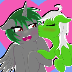 Size: 664x664 | Tagged: safe, artist:sharpiesketches, oc, oc:darknightprincess, oc:miyuki, alicorn, pony, female, heart, holiday, kissing, lesbian, oc x oc, shipping, valentine, valentine's day