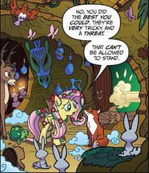 Size: 464x540 | Tagged: safe, idw, fluttershy, bird, butterfly, deer, fox, pegasus, pony, rabbit, tortoise, ponies of dark water, spoiler:comic44, animal, comic, cropped, dust cloud, female, mare, official comic, poison ivyshy, speech bubble, stag, zecora's hut