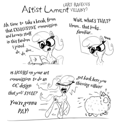 Size: 1938x2000 | Tagged: safe, artist:chopsticks, artist:krystalmark, oc, oc only, oc:fluffle puff, oc:krystal mark, comic:artist lament, atg 2019, computer, computer mouse, dialogue, glasses, implied fluffle puff, laptop computer, monochrome, newbie artist training grounds, text, tongue out, yelling