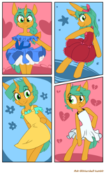 Size: 1167x1920 | Tagged: safe, artist:kryptchild, snails, pony, semi-anthro, unicorn, alternate hairstyle, ask glitter shell, bipedal, clothes, crossdressing, cute, dress, glitter shell, male, modeling, shellbetes, solo