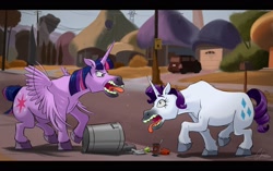 Size: 1600x1007 | Tagged: safe, artist:oinktweetstudios, rarity, twilight sparkle, twilight sparkle (alicorn), alicorn, pony, unicorn, car, disney, feral, hoers, horn, house, majestic as fuck, onward (movie), open mouth, parody, pixar, reference, road, signature, street, telephone pole, tongue out, trash, trash can, wings