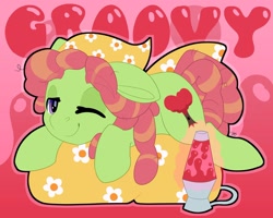 Size: 2048x1639 | Tagged: safe, artist:party__like, artist:partylikeanartist, tree hugger, earth pony, pony, absurd resolution, bandana, beanbag chair, dreadlocks, female, groovy, high, lava lamp, looking at you, mare, one eye closed, print, sleepy, solo, wink