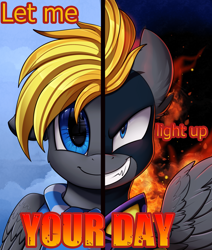 Size: 2550x3009 | Tagged: safe, artist:pridark, oc, oc only, oc:blaze (shadowbolt), pegasus, pony, bust, clothes, cloud, commission, duality, evil, evil grin, fire, good, grin, high res, male, portrait, poster, shadowbolts, sky, smiling, solo, text, two sided posters