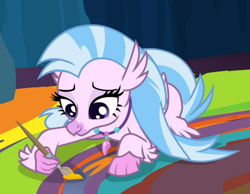 Size: 864x672 | Tagged: safe, screencap, silverstream, uprooted, cropped, cute, diastreamies, lidded eyes, painting, prone, smiling, solo