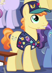 Size: 562x784 | Tagged: safe, screencap, fair trade, earth pony, pony, the crystalling, bucktooth, clothes, cropped, male, pin, pins, solo focus, stallion, vest