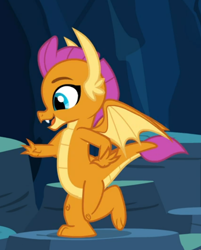 Size: 552x685 | Tagged: safe, screencap, smolder, dragon, uprooted, cave of harmony, claws, cropped, cute, dragoness, fangs, female, horns, looking down, open mouth, side view, smiling, smolderbetes, solo, spread wings, standing, standing on one leg, teenaged dragon, teenager