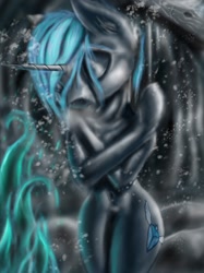 Size: 1536x2049 | Tagged: safe, artist:techwingidustries, oc, oc:brooklynn, pony, semi-anthro, unicorn, belly button, blue flame, breath, cold, hair, ice, self hug, snow, solo