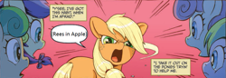 Size: 927x318 | Tagged: safe, artist:caseycoller, edit, idw, applejack, earth pony, pony, spoiler:comic, spoiler:comic85, autistic screeching, descriptive noise, female, filly, filly applejack, reeee, younger