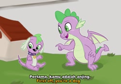 Size: 700x483 | Tagged: safe, artist:kul, spike, spike the regular dog, dog, dragon, equestria girls, doggy dragondox, doghouse, duality, indonesian, meme, text, tom and jerry, winged spike