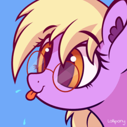 Size: 2000x2000 | Tagged: safe, artist:lollipony, oc, oc only, oc:pinkfull night, bat pony, pony, :p, animated, bat pony oc, bust, cute, cute little fangs, ear fluff, eye shimmer, fangs, female, glasses, ocbetes, pbbtt, raspberry, silly, silly pony, simple background, solo, spit, spittle, teenager, tongue out