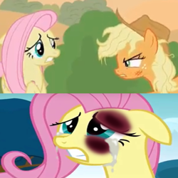 Size: 768x768 | Tagged: safe, edit, edited screencap, screencap, applejack, fluttershy, earth pony, pegasus, pony, hurricane fluttershy, sounds of silence, 1000 hours in ms paint, abuse, abuse edit, angry, background pony strikes again, bad edit, black eye, bruised, cropped, downvote bait, drama bait, eye contact, female, flutterbuse, go to sleep gladmane, looking at each other, mare, op is a cuck, op is trying to start shit, op started shit, out of character, why, wings