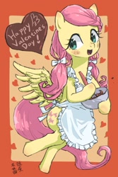 Size: 1200x1800 | Tagged: safe, artist:yanamosuda, fluttershy, pegasus, pony, alternate hairstyle, apron, bipedal, blushing, bow, bowl, chocolate, clothes, cute, female, food, hair bow, heart, holiday, hoof hold, looking at you, mare, mixing bowl, open mouth, pigtails, shyabetes, solo, spread wings, twintails, valentine's day, wings