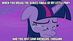 Size: 1280x720 | Tagged: safe, edit, edited screencap, screencap, twilight sparkle, twilight sparkle (alicorn), alicorn, pony, once upon a zeppelin, season 7, avengers, avengers: endgame, crying, end of ponies, in-universe pegasister, series finale blues, solo