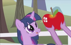 Size: 1142x720 | Tagged: safe, screencap, spike, twilight sparkle, dragon, the ticket master, apple, duo, food, solo focus, sweet apple acres, tongue out