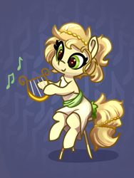 Size: 3000x4000 | Tagged: safe, artist:lilfunkman, oc, oc only, oc:greek chorus, earth pony, pony, clothes, female, lyre, mare, music notes, sitting, solo, stool