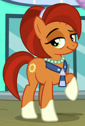 Size: 360x535 | Tagged: safe, screencap, stellar flare, pony, unicorn, the parent map, bags under eyes, cropped, dreamworks face, female, jewelry, lidded eyes, mare, necklace, necktie, pearl necklace, pose, raised eyebrow, raised hoof, sire's hollow, smug, solo