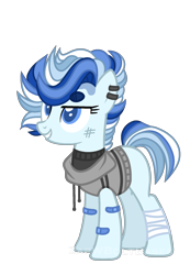 Size: 1356x1956 | Tagged: safe, artist:zapwboltbases, oc, oc only, oc:north point, earth pony, pony, bandage, bandaid, blank flank, clothes, ear piercing, earring, female, grin, hoodie, jewelry, magical lesbian spawn, mare, multicolored hair, offspring, parent:double diamond, parent:party favor, parents:partydiamond, piercing, scratches, simple background, sleeveless sweater, smiling, solo, sweater, transparent background