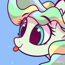 Size: 670x670 | Tagged: safe, artist:lollipony, part of a set, vapor trail, pegasus, pony, :p, animated, blue background, bust, cute, ear fluff, female, gif, mare, pbbtt, portrait, raspberry, silly, silly pony, simple background, solo, spit, tongue out, vaporbetes