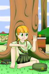 Size: 2000x3000 | Tagged: safe, artist:pvryohei, tag-a-long, human, apple, barefoot, clothes, cute, eating, feet, filly guides, filly scouts, food, hat, humanized, pleated skirt, sandals, sitting, skirt, smiling, solo, tree