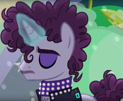 Size: 1137x932 | Tagged: safe, screencap, pony, unicorn, the mane attraction, background pony, choker, clothes, cropped, eyes closed, eyeshadow, glowing horn, horn, jacket, magic, makeup, male, ponified, prance (character), prince (musician), solo, stallion, studded choker, undertone