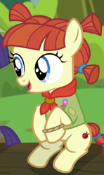 Size: 465x784 | Tagged: safe, screencap, nature walk, earth pony, pony, the mane attraction, cropped, female, filly, neckerchief, sitting, solo focus