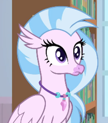 Size: 224x254 | Tagged: safe, screencap, silverstream, classical hippogriff, hippogriff, a horse shoe-in, book, bookshelf, cropped, cute, diastreamies, female, jewelry, necklace, solo, teenager