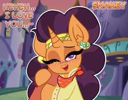 Size: 978x768 | Tagged: safe, artist:snakeythingy, saffron masala, pony, blushing, dialogue, hooves, hug, looking at you, love