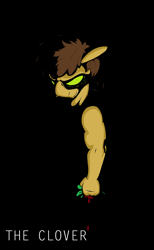 Size: 1504x2440 | Tagged: safe, artist:lucas_gaxiola, oc, oc:charmed clover, anthro, earth pony, black background, blood, clover, four leaf clover, glowing eyes, male, simple background, solo, text