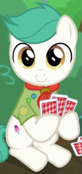 Size: 355x745 | Tagged: safe, screencap, earth pony, pony, the mane attraction, background pony, clothes, colt, cropped, hoof hold, male, playing card, sitting, soft ice, solo, uniform