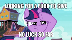 Size: 640x360 | Tagged: safe, edit, edited screencap, screencap, twilight sparkle, twilight sparkle (alicorn), alicorn, pony, the point of no return, bag, caption, image macro, look at all the fucks i give, meme, no fucks, saddle bag, solo, text, vulgar, zero fucks given