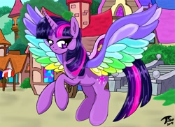 Size: 2761x2012 | Tagged: safe, artist:brekrofmadness, twilight sparkle, twilight sparkle (alicorn), alicorn, pony, rainbow roadtrip, colored wings, multicolored wings, rainbow wings, solo, wing bling, wings