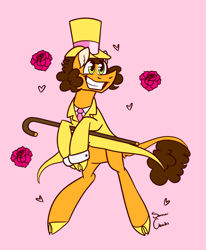 Size: 1690x2048 | Tagged: safe, artist:summer-cascades, cheese sandwich, earth pony, pony, the last laugh, cane, clothes, flower, hat, rose, smiling, solo, suit, top hat