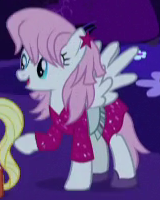 Size: 160x200 | Tagged: safe, screencap, pegasus, pony, scare master, background pony, clothes, costume, cropped, female, glitter pony, jem, jem and the holograms, mare, nightmare night costume, solo focus, unnamed pony
