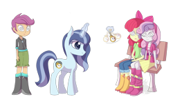 Size: 1280x720 | Tagged: safe, artist:blinkingpink, apple bloom, scootaloo, sweetie belle, oc, oc:spiral swirl, unicorn, equestria girls, apple bloom's bow, boots, bow, clothes, cute, hair bow, headband, hypno eyes, hypnosis, hypnotized, pendulum swing, pocket watch, shoes, sitting